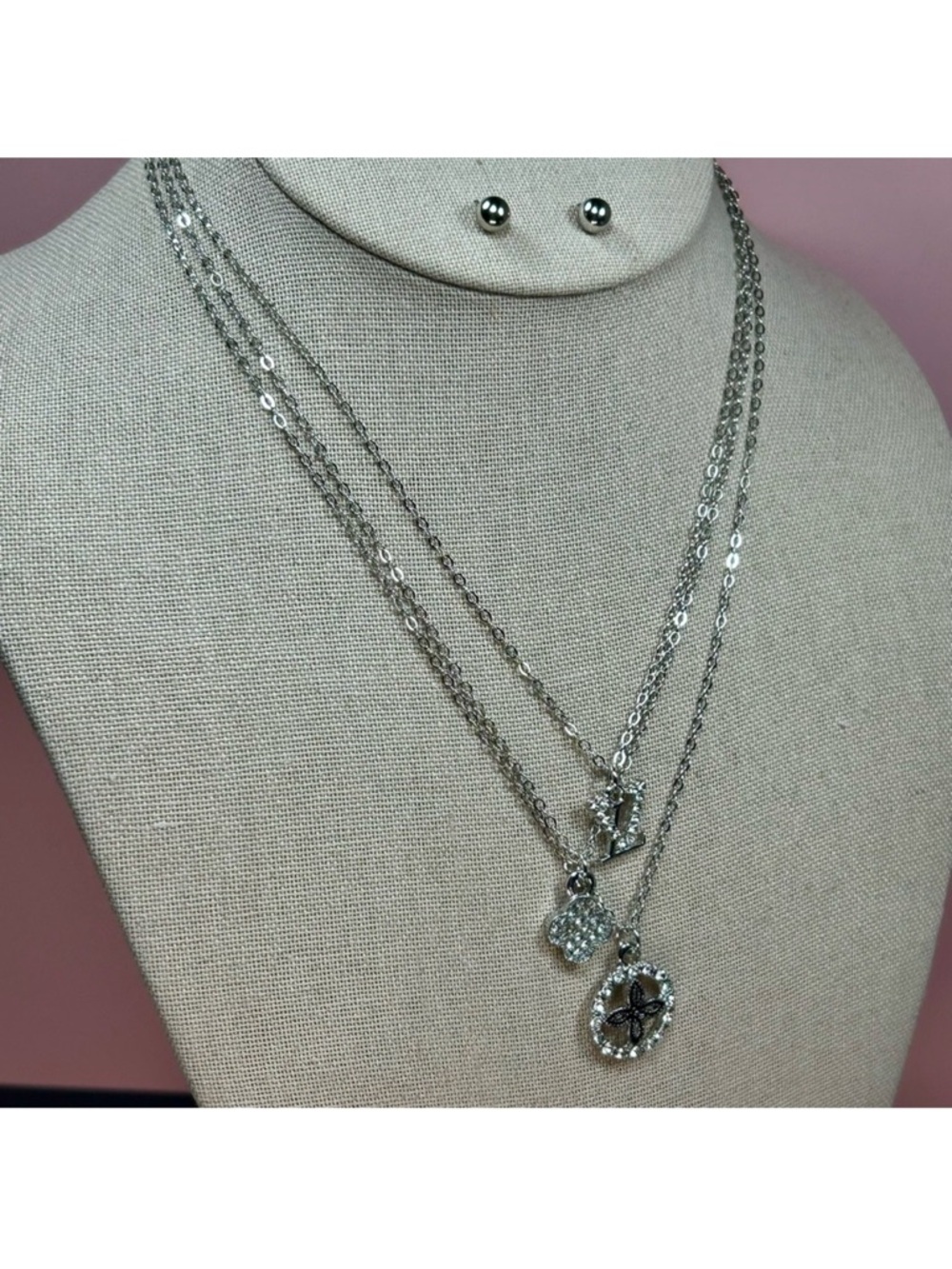 Trendy Fashion Jewelry Silver Layered Clover- Rhinestones Necklace Set BRAND NEW - Picture 5 of 7